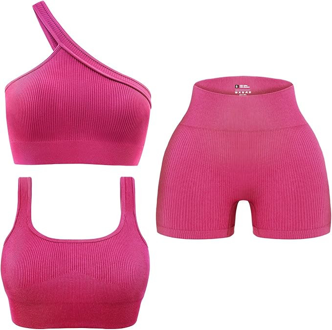 OLCHEE Womens 3 Piece Workout Sets - Seamless Ribbed Yoga Outfits Sports Bra One Shoulder Top Bik... | Amazon (US)