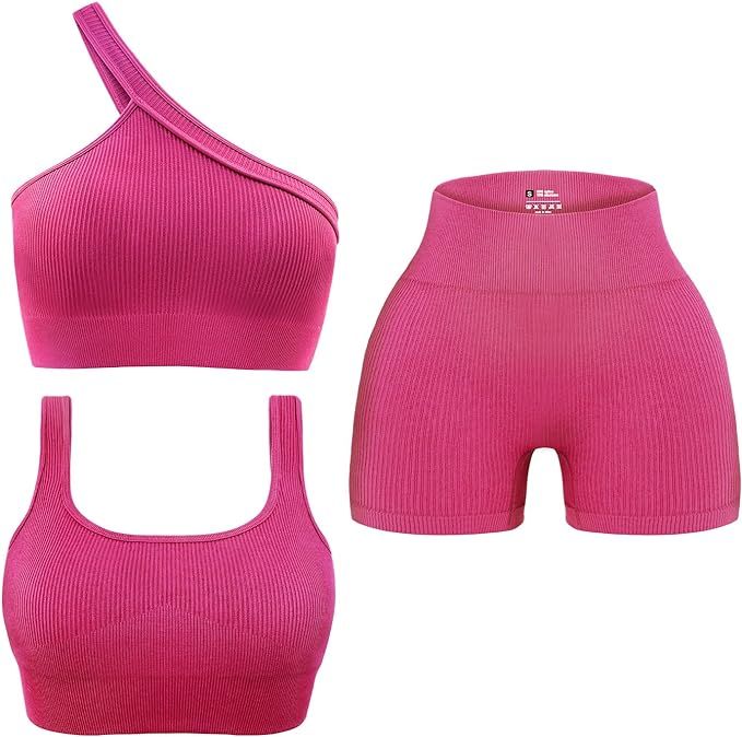 OLCHEE Womens 3 Piece Workout Sets - Seamless Ribbed Yoga Outfits Sports Bra One Shoulder Top Bik... | Amazon (US)