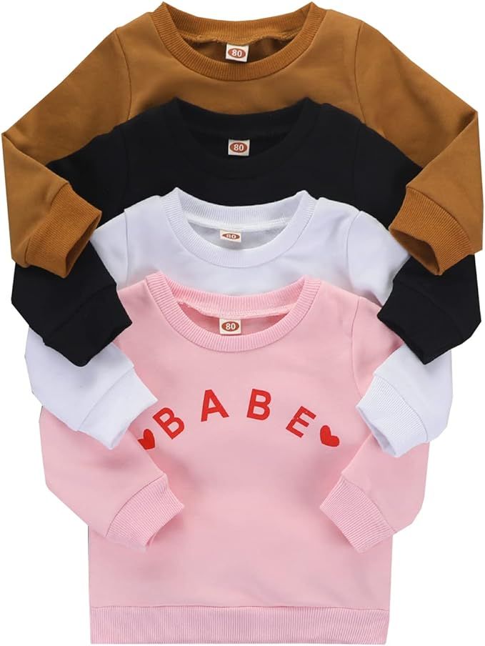 Valentines Day Toddler Baby Boy Girl Clothes Babe Letter Heart Print Long Sleeve Pullover Sweatsh... | Amazon (US)