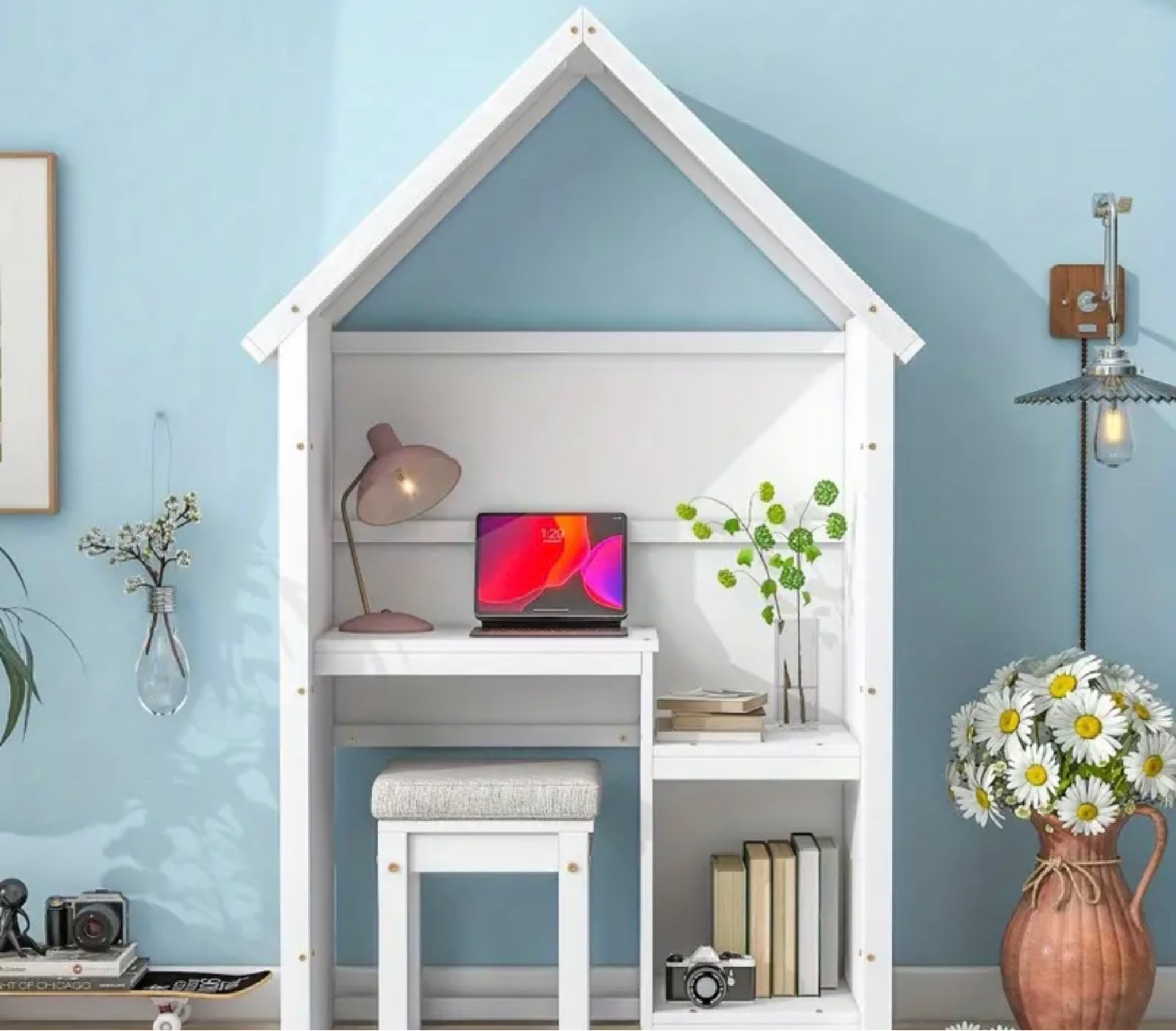 The most darling house shaped school work station with stool 

#LTKFamily #LTKKids #LTKHome