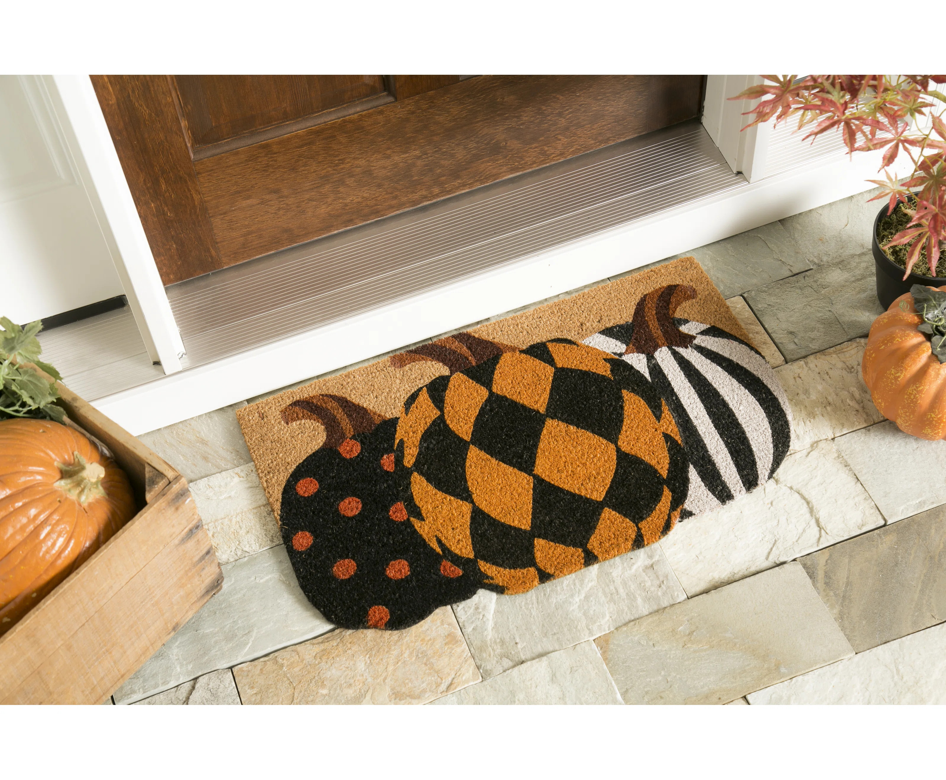Laurel Foundry Modern Farmhouse® Honea 18" x 30" Harvest Pumpkins Shaped Outdoor Coir Doormat & ... | Wayfair North America