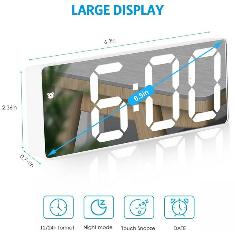 ARCTICICE White LED Mirror Digital Clock with 5 Setting Modes, USB & Battery Powered Sunrise Alar... | Walmart (US)