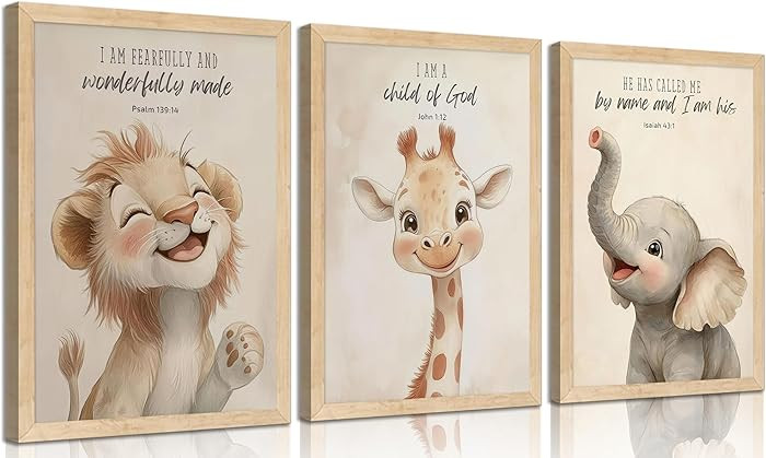3Pcs Nursery Christian Bible Verses Safari Animals Wall Art Child of God Cute Animals Picture Wal... | Amazon (US)
