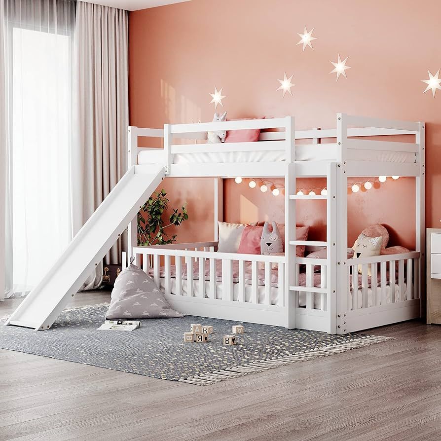 Bellemave Twin Over Twin Floor Bunk Bed with Slide and Ladder, Low Bunk Bed for Kids, Girls, Boys... | Amazon (US)