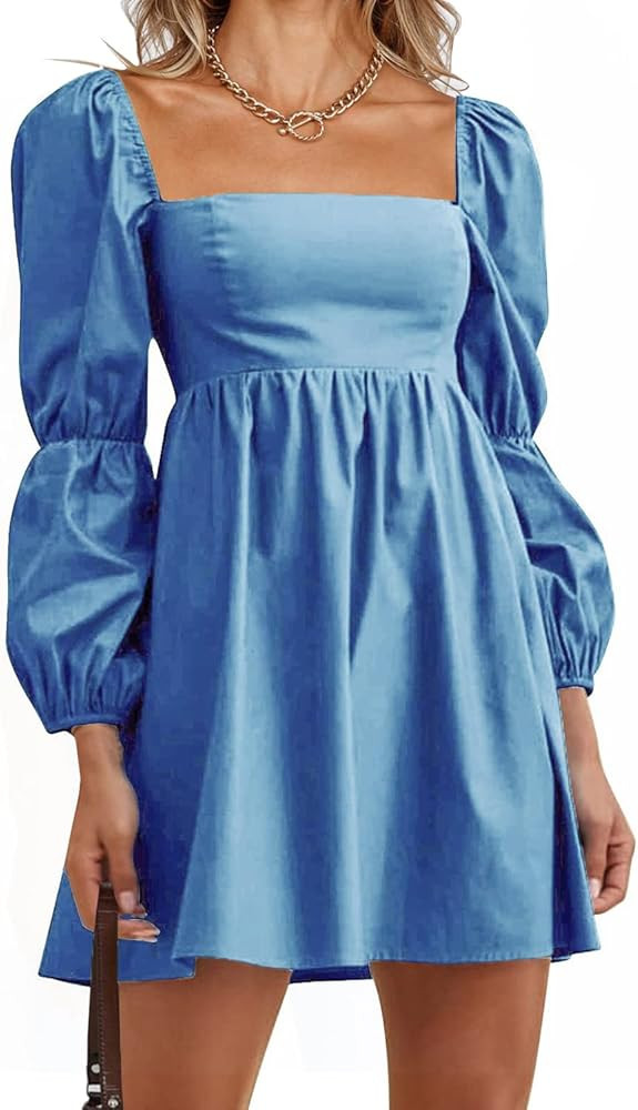 PRETTYGARDEN Women's Spring Long Puff Sleeve Babydoll Dress Casual Square Neck Elastic Waist Ruff... | Amazon (US)