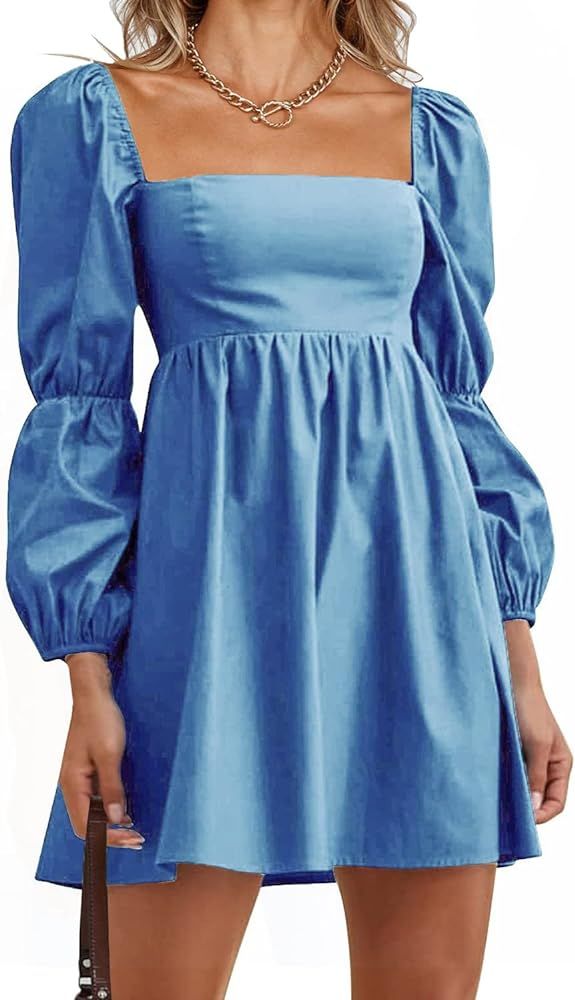 PRETTYGARDEN Women's Spring Long Puff Sleeve Babydoll Dress Casual Square Neck Elastic Waist Ruff... | Amazon (US)