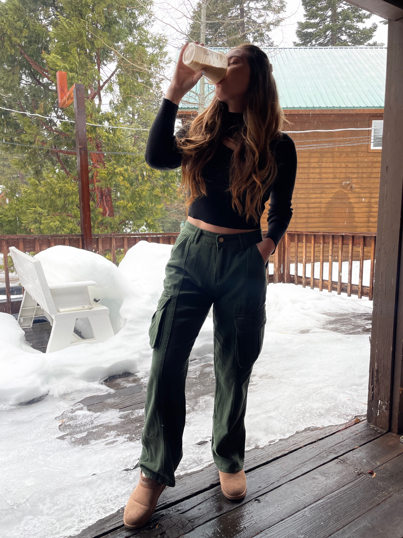 Cargo pants outfit 💚 love these ones from Amazon! I sized up to a medium. Juicy mini boots are super warm and true to size! Linked a similar cut out sweater :) 

#LTKfit #LTKunder100 #LTKstyletip