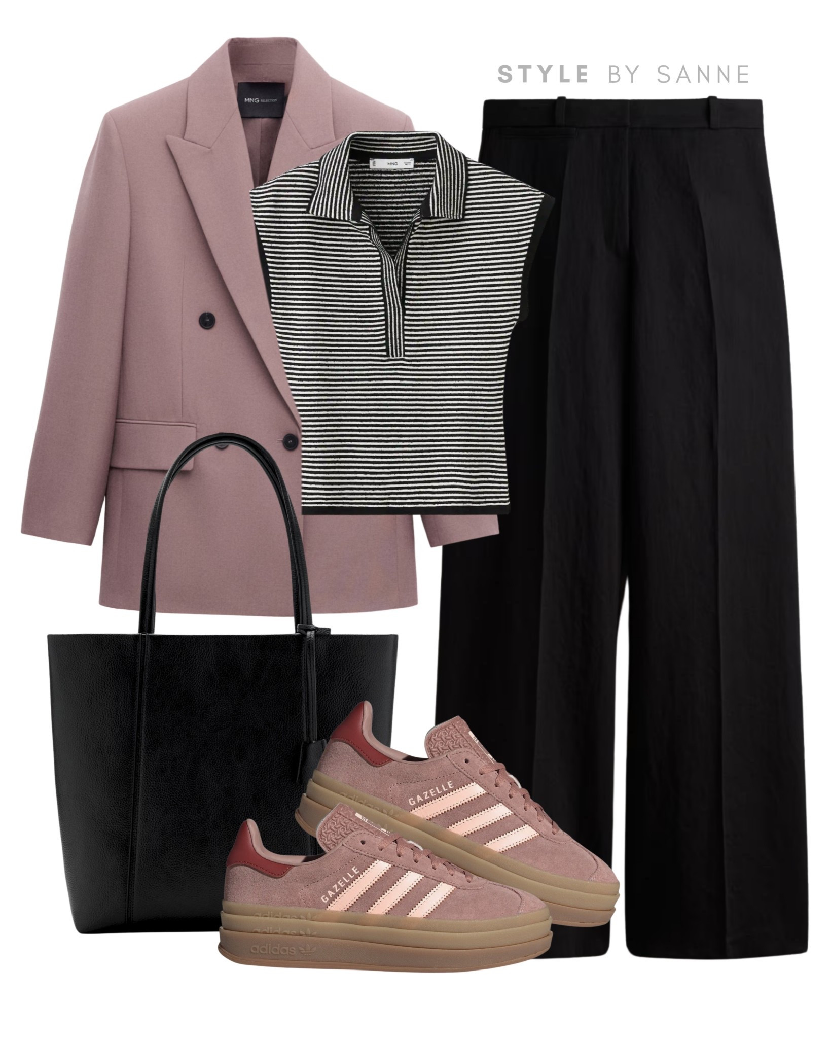 A soft blush blazer paired with classic black trousers creates a refined, modern base, balanced with a striped knit for subtle texture. Finished with a sleek black tote and matching Gazelle sneakers for an effortless polished look.🌸

#LTKspringtrends #LTKWorkwear #LTKootd