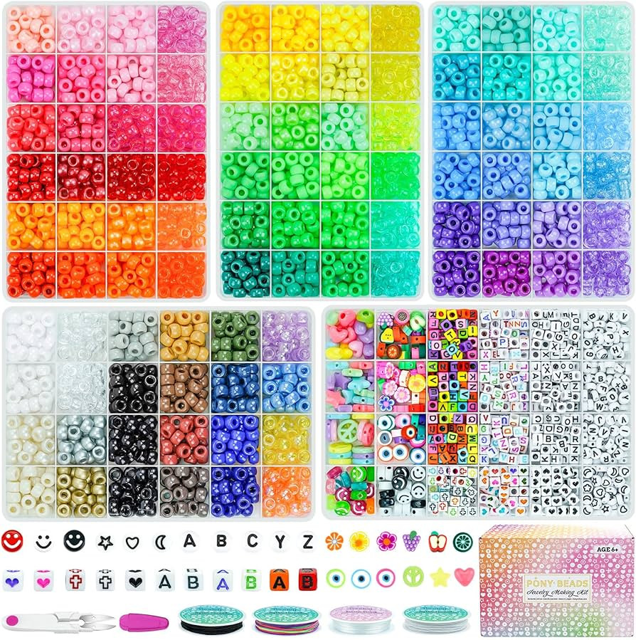 5 Boxes Bracelet Making Kit Pony Beads, 96 Colors 6x9mm 3500Pcs Kandi Rave Beads for Bracelets Fr... | Amazon (US)
