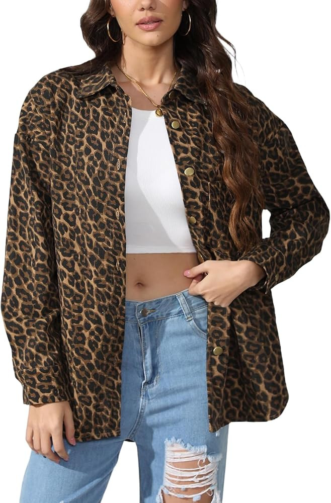 Kedera Women’s Leopard Print Jean Jacket Cheetah Print Denim Bomber Jacket Button Down Shacket ... | Amazon (US)