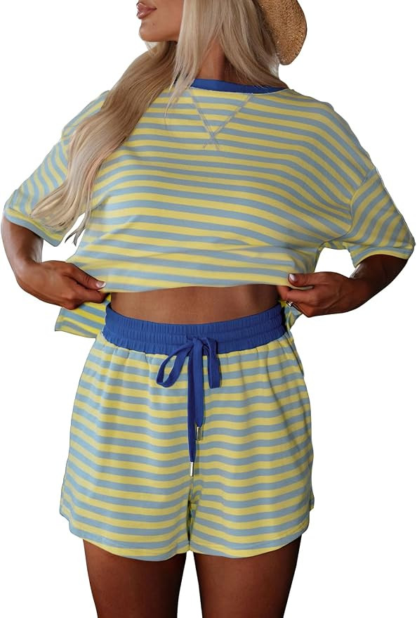 miduo Womens Two Pieces Sets Striped Crewneck Short Sleeve Tee Tops High Waist Drawstring Short S... | Amazon (US)