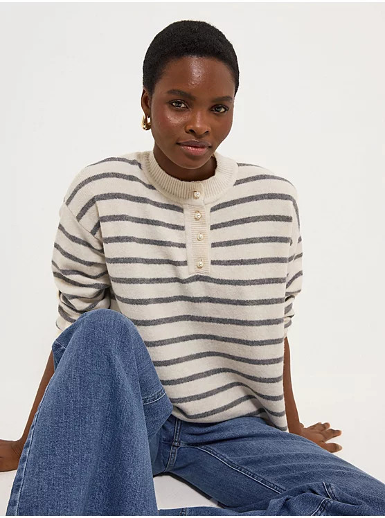 Cream Stripe Pearl Button Soft Touch Jumper | George