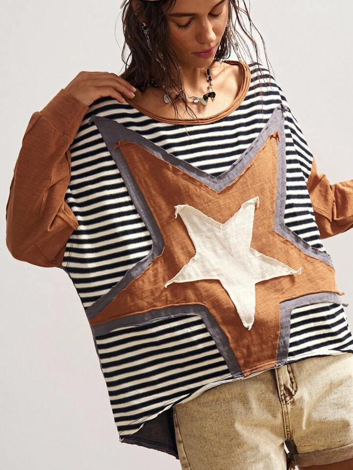 Bohemela BOHO American Casual Knit Star & Stripe Patchwork Long Sleeve Loose Washed Women Top | SHEIN