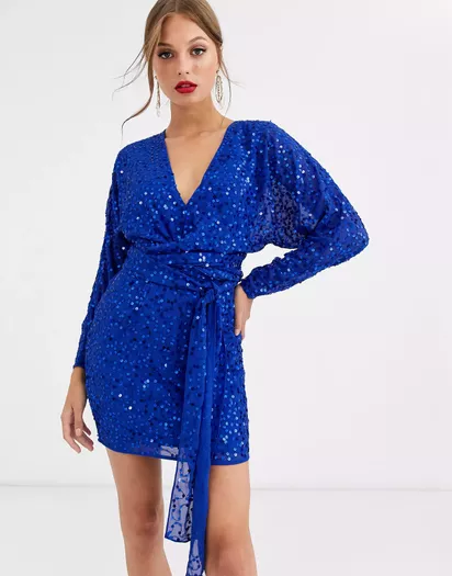 ASOS DESIGN embellished disc sequin mini wrap dress in blue