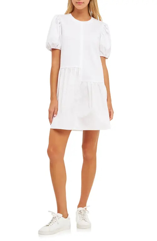 English Factory Puff Shoulder Mixed Media Minidress in White at Nordstrom, Size Small | Nordstrom