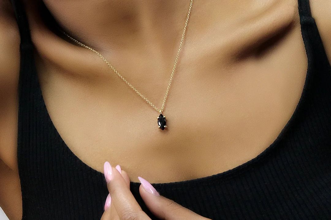 Black Onyx Marquise Pendant Gold Filled Black Gemstone - Etsy | Etsy (US)