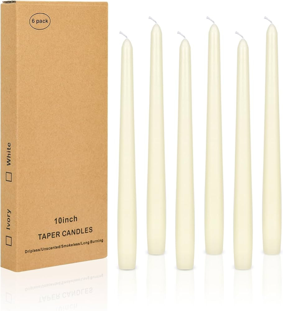 Ksefey 10 Inch Ivory Taper Candles Set of 6 - Dripless,Unscented,8 Hours Burn Time-Perfect for We... | Amazon (US)