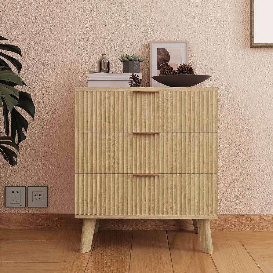 3 Drawer Dresser with Waveform Panel, Modern Closet Dressers Chest of Drawers, Wood Storage Dress... | Amazon (US)