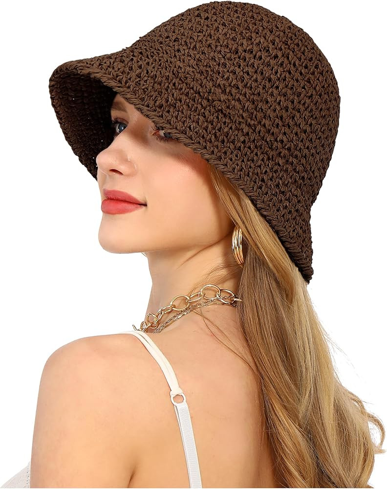 Womens Sun Hat Handmade Straw Bucket UV Protection Wide Brim Packable Travel Summer Cap for Beach... | Amazon (US)