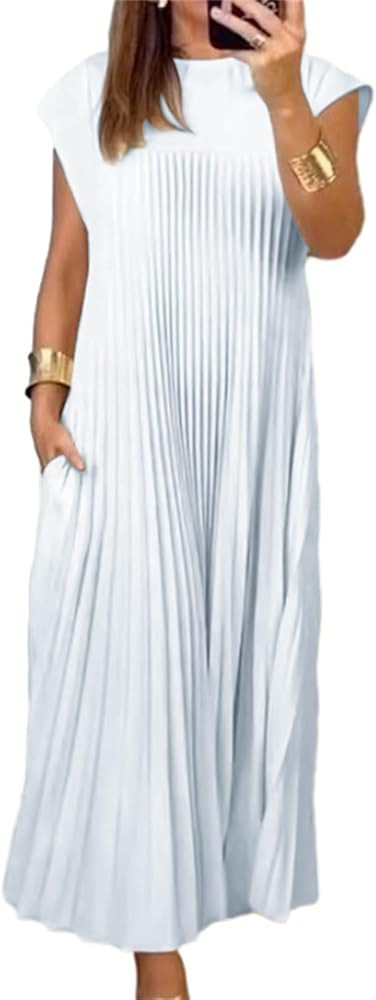 Womens Summer Cap Short Sleeve Maxi Dress 2024 Pleated Casual Loose Long Dresses with Pockets | Amazon (US)
