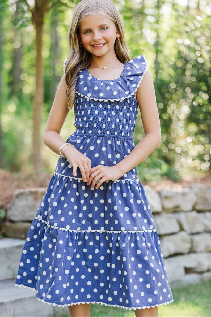 Girls: Long Time No See Navy Polka Dot Midi Dress | The Mint Julep Boutique
