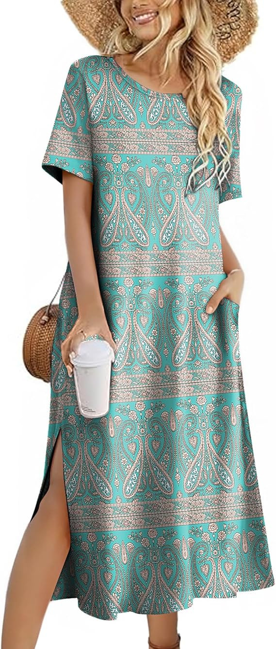 ZEAGOO Women Summer Dress Casual Beach Dress Floral Maxi Split Long Dress 2026 Vacation Dress | Amazon (US)