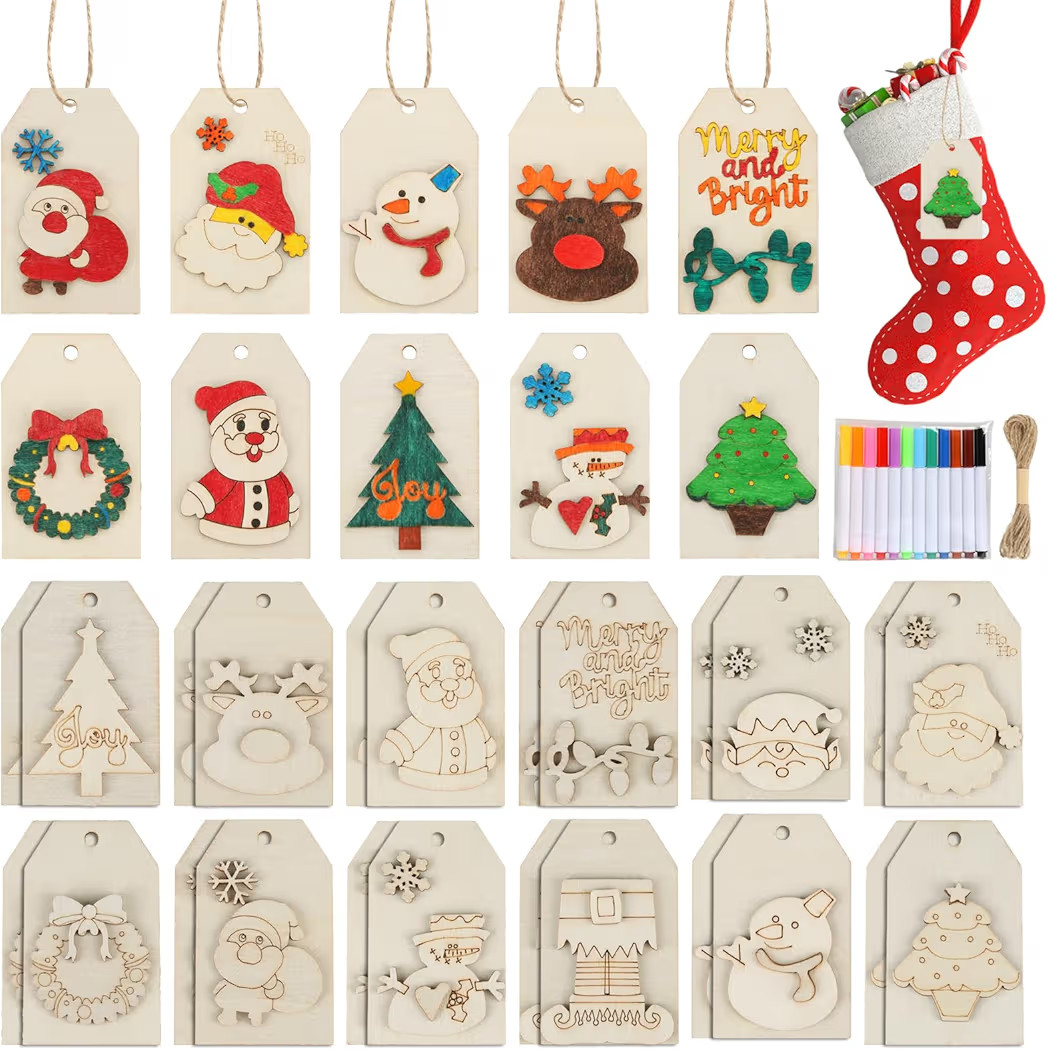DIY Wooden Christmas Gift Tags, 24 Pcs Wooden Art Craft Supplies Painting Kit for Kids Christmas ... | Amazon (US)