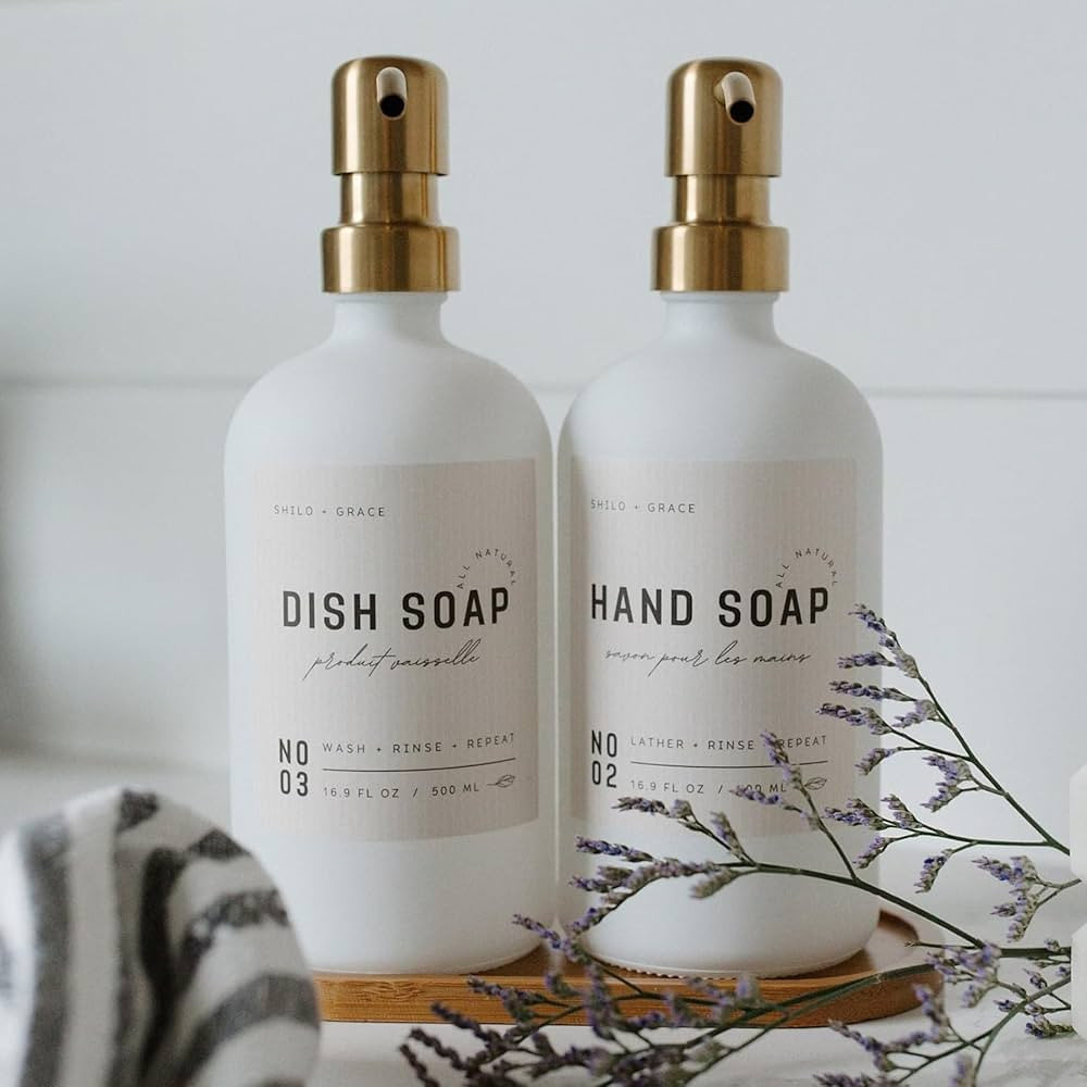 White 16oz Glass Soap Dispenser Set with Non-Slip Bamboo Tray | Gold Stainless Steel Pumps | 12 M... | Amazon (US)