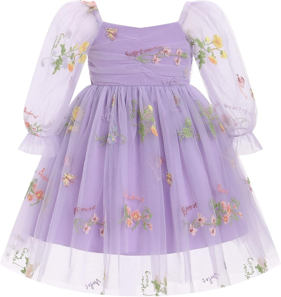 IMEKIS Toddler Girl Birthday Dress Floral Confetti Tulle Formal Wedding Party Long Sleeve Dress C... | Amazon (US)