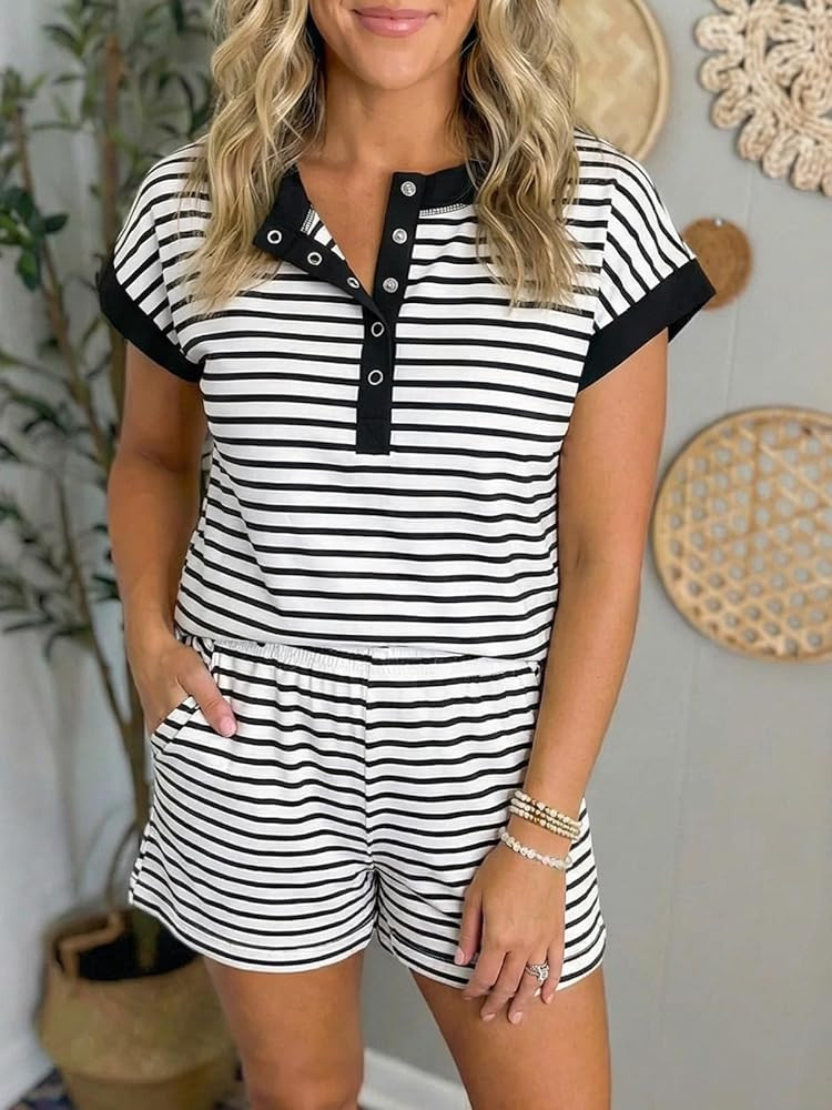 Fisoew Womens Striped 2 Piece Outfits Shorts Sets Casual Button Henley Shirts Tops Loose Workout ... | Amazon (US)