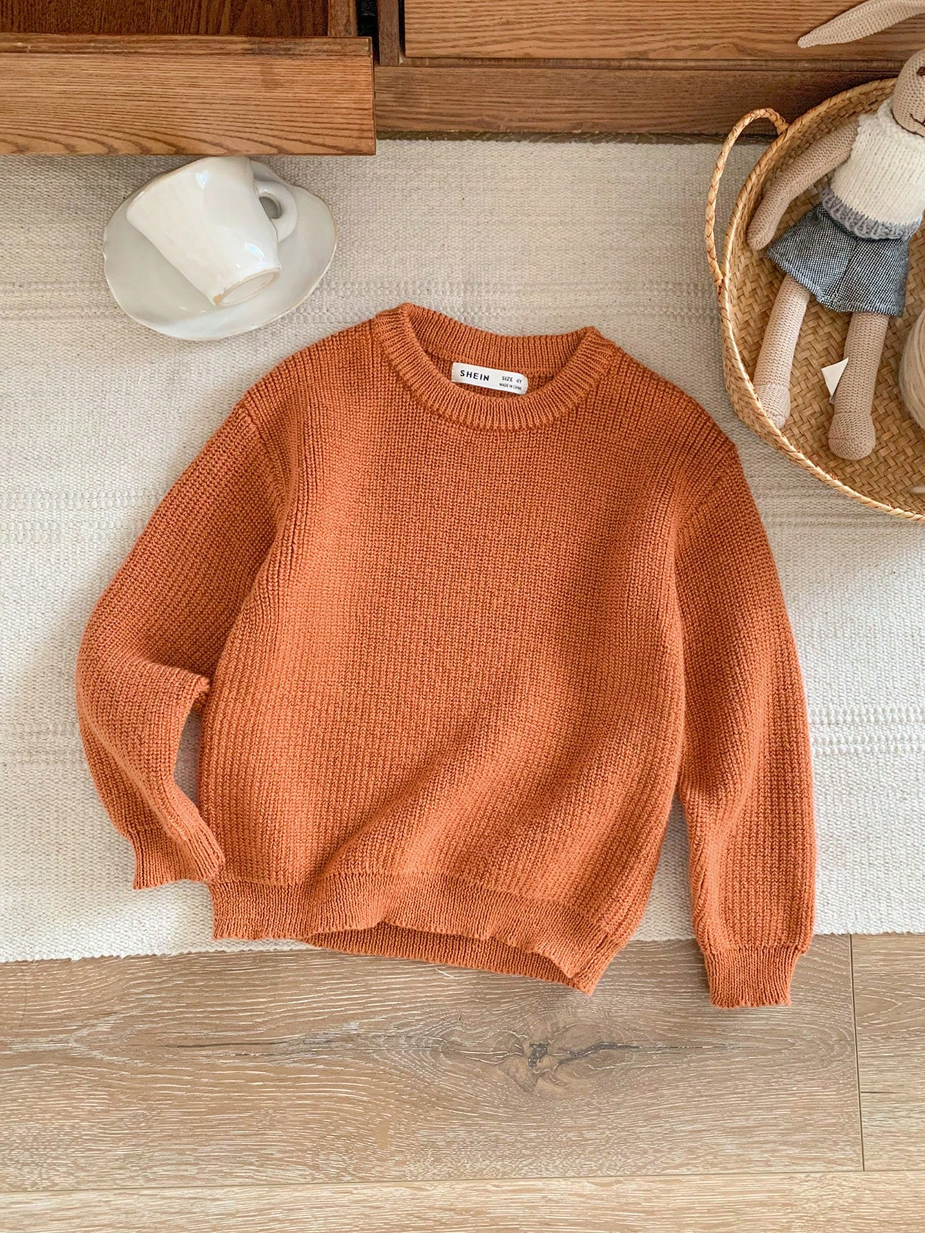 Blossori Young Girls Elegant Loose Fit Orange Crew Neck Long Sleeve Sweater, Autumn/Winter | SHEIN