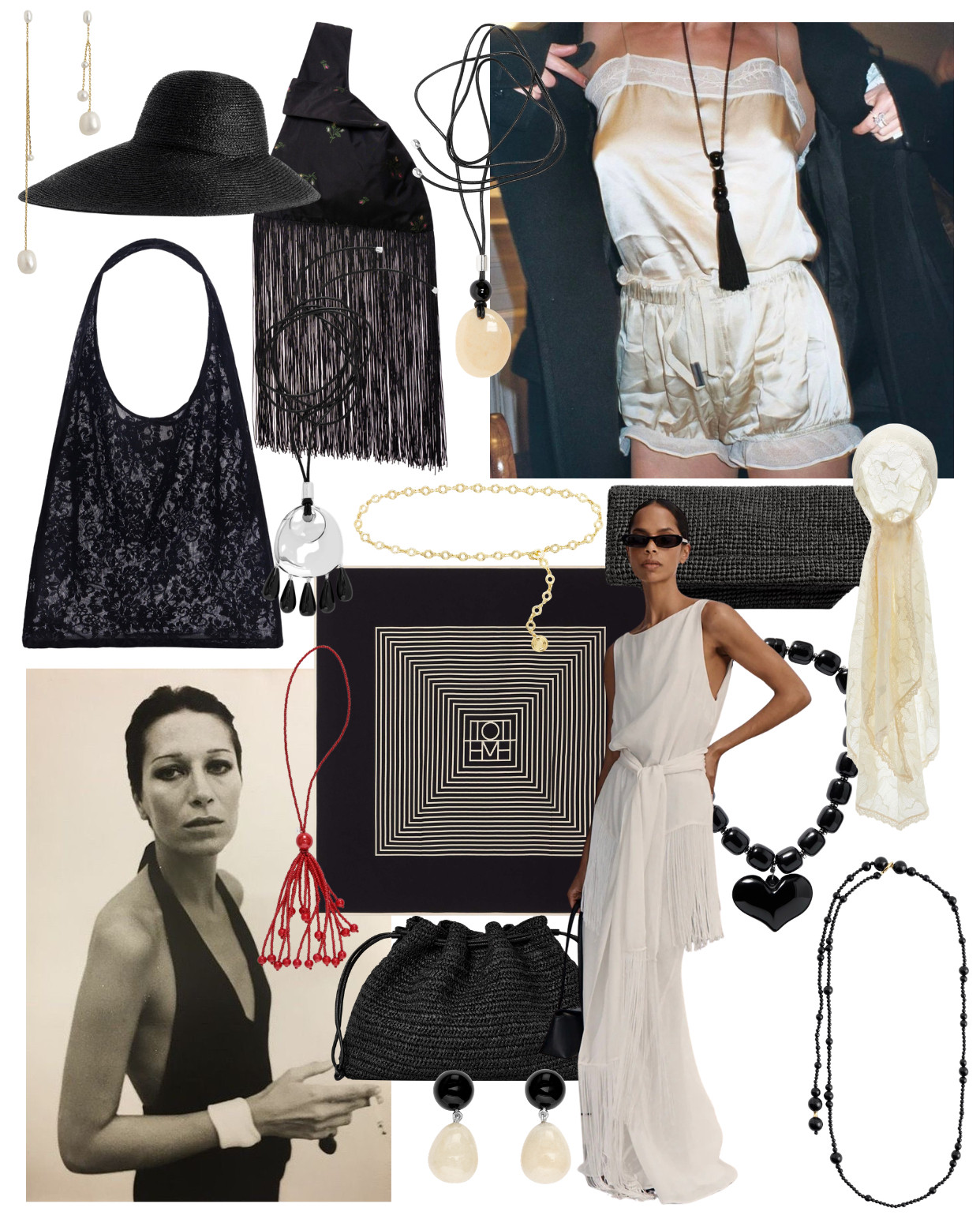 The Accessories Collage
black straw hat, wide brim sun hat, black floppy hat, pearl drop earrings, gold pearl earrings, long drop earrings, black lace tote bag, sheer lace bag, black fringe bag, fringe shoulder bag, statement bag, black tassel necklace, long pendant necklace, stone pendant necklace, red tassel necklace, cord tassel necklace, gold chain necklace, chunky chain bracelet, black onyx necklace, chunky bead necklace, black heart pendant, statement necklace, long beaded necklace, black bead necklace, black onyx drop earrings, baroque pearl earrings, pearl and onyx earrings, black raffia clutch, woven clutch bag, black drawstring bag, black raffia pouch, ivory scarf, sheer hair scarf, white pleated maxi dress, draped maxi dress, white linen maxi, cream satin shorts set, off shoulder top, Toteme scarf, jewellery trends 2025, accessory trends, how to accessorise, maximalist jewellery, statement accessories, black and gold jewellery, black and pearl jewellery




 

 #LTKdatenight #LTKpartywear #LTKstyletip