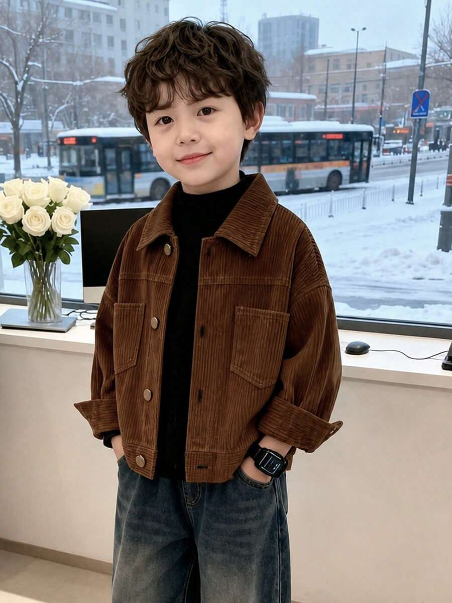 Young BoyCorduroy Jacket, Young Boy Casual Bomber Coat, Fashion Versatile Outerwear For Infants & Little Kids | SHEIN