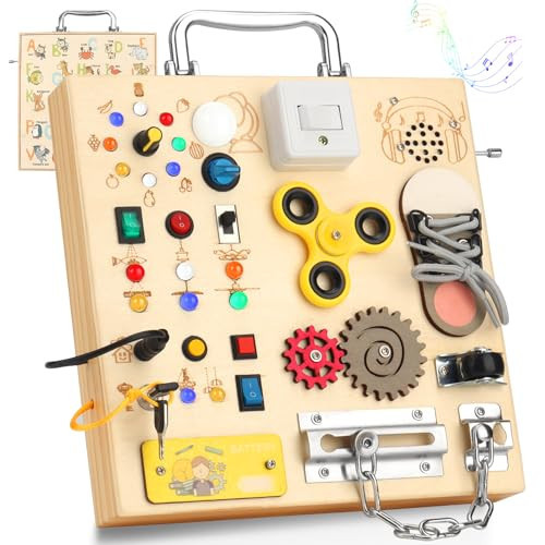 Wooden Busy Board with LED Light Montessori Baby Learning Toys for Toddlers , Sensory Activity Board, Travel Educational Toys, Boy & Girl Birthday Gift (Silver Handle) | Amazon (US)