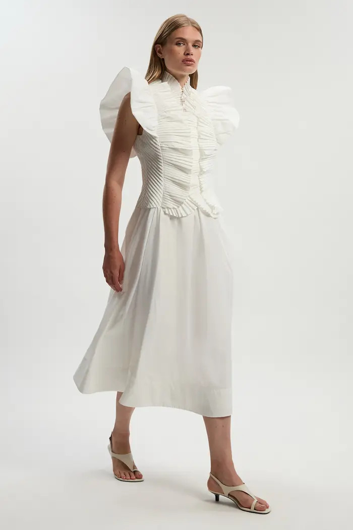 Pleated Ruffle Sleeve Woven Midi Dress | Nordstrom