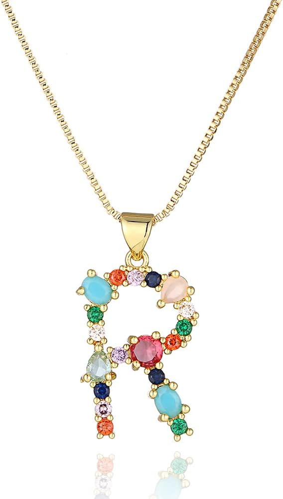 Eben-Ezer 18K Gold Box Chain Choker Initial Necklace Multi-Color Zircon Letter Pendant Script Nam... | Amazon (US)