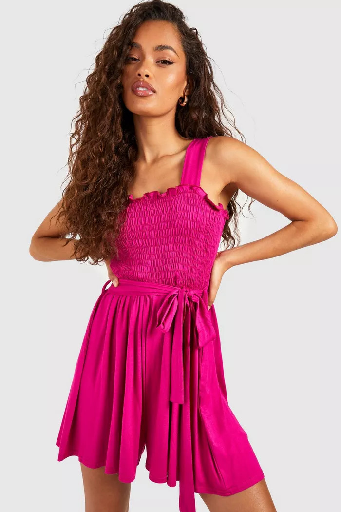 Shirred Tie Waist Flippy Romper | Boohoo.com (US & CA)