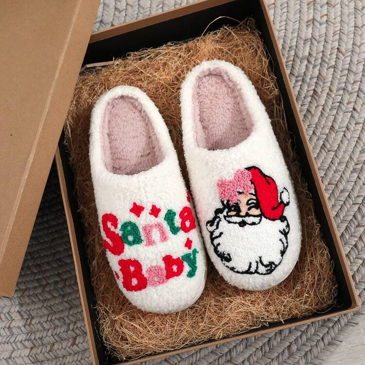 1 Pair White Cartoon Embroidered Holiday Santa Claus Bow Santababy Pattern Plush Slippers, Autumn... | SHEIN