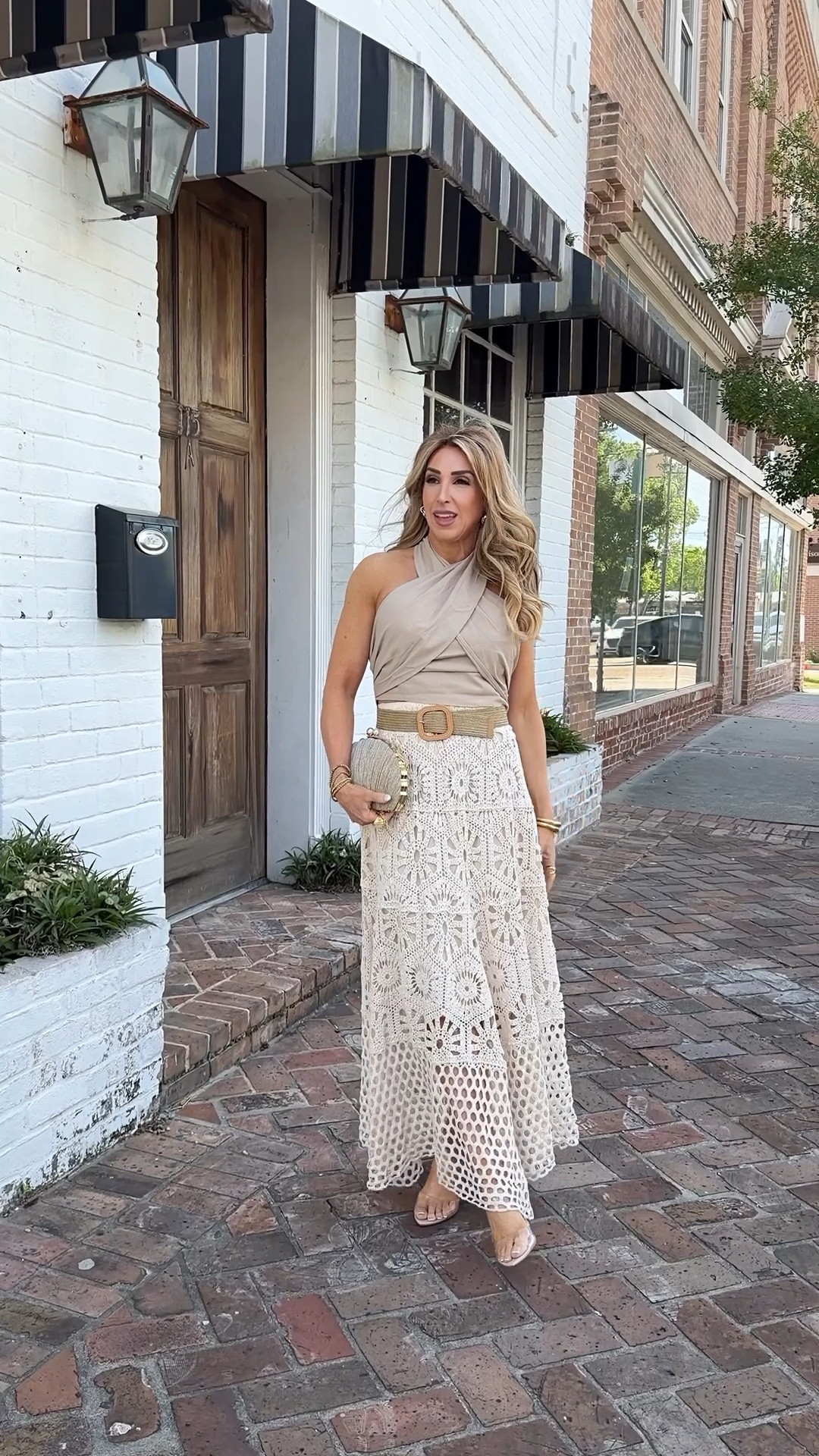 A neutral summer outfit that’s just begging for some sand and water. 🥥🐚🌊🌴@Chicwish 

Spring outfits 2026, summer outfits 2026, linen halter top, crochet midi skirt, seashell clutch bag, summer date night outfit, boho, neutral outfits for summer 

#LTKOver40 #LTKootd #LTKdayinmylife