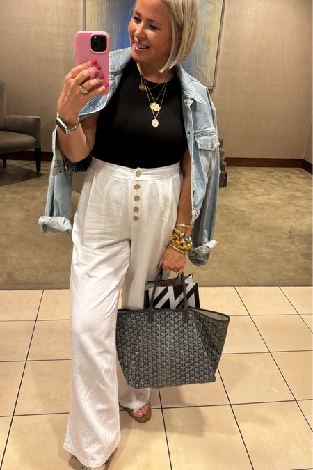Amazon white pants- size large 
Black tank top - size large 
Linking a similar jean jacket 
Casual outfit for a Sunday shopping day  


#LTKover40 #LTKfindsunder100 #LTKmidsize