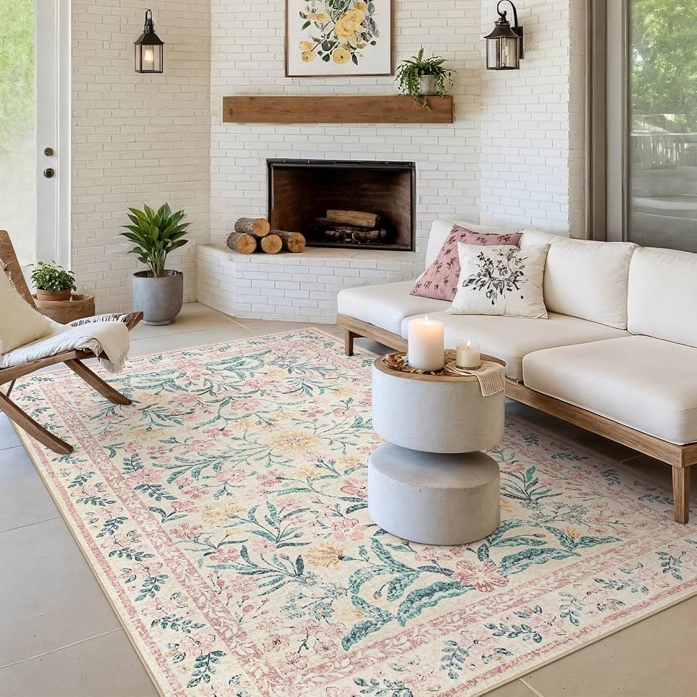Morebes Floral Pink Rugs for Bedroom Girls, Washable 5x7 Area Rug for Living Room Non Slip, Vinta... | Amazon (US)