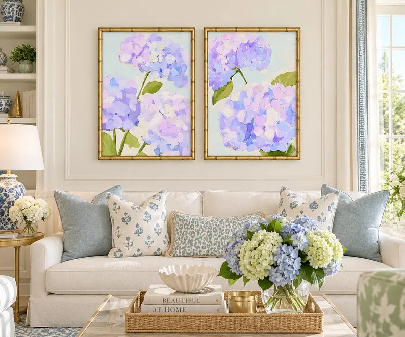 Preppy Hydrangea Wall Art Set of 2, Pastel Dorm Room Decor, Blue Lavender Pink Floral Prints, Gra... | Etsy (Global)