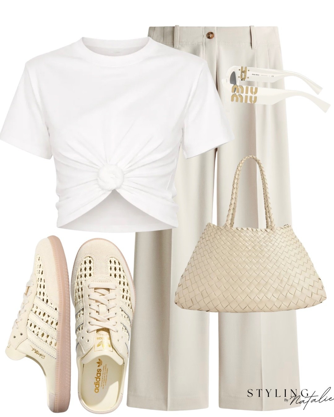 White knot t-shirt, tailored trousers, adidas samba mules, woven tote bag. Everyday casual look, summer style

#LTKuk #LTKeurope #LTKsummer