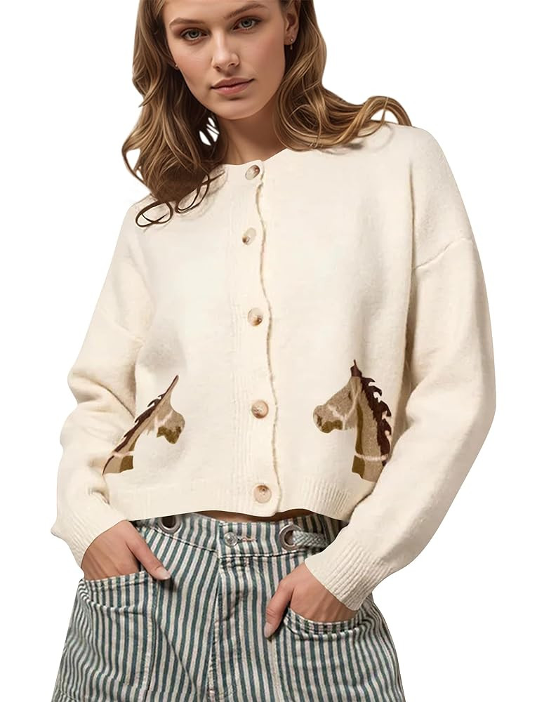Cárdigan corto con botones y estampado gráfico de caballo para mujer, manga larga, cuello redon... | Amazon (US)