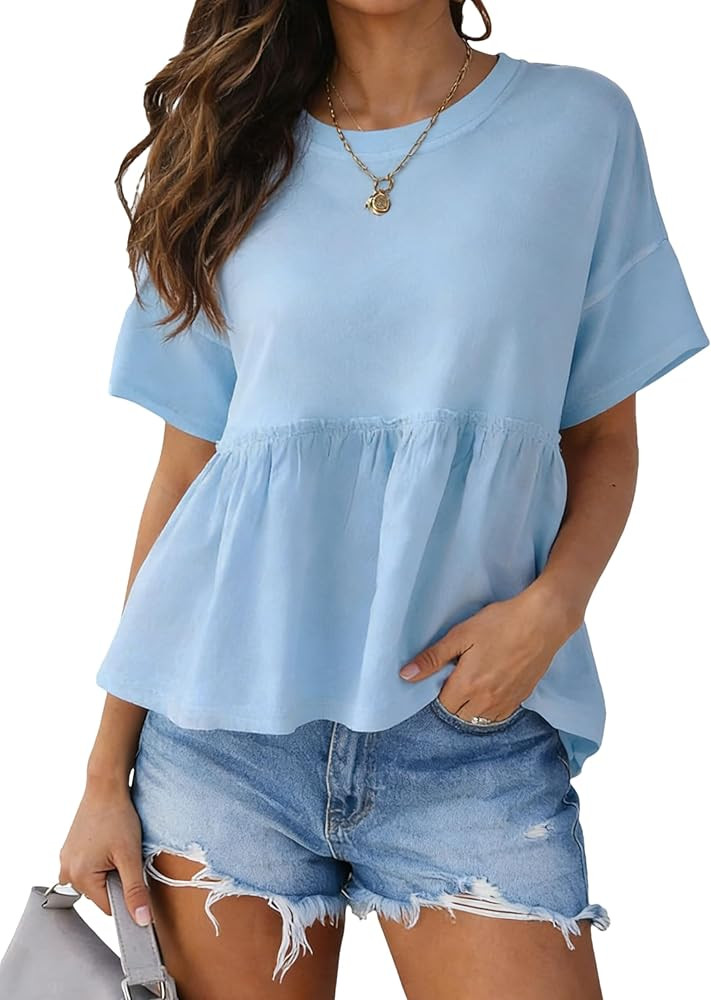 Korebow Womens Short Sleeve Peplum Top Cropped Crew Neck Patchwork Pleated Oversized Babydoll Shi... | Amazon (US)
