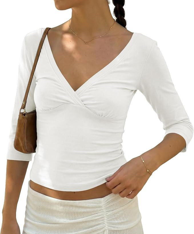 BAIGRAM Womens 3/4 Half Sleeve Deep V Wrap Neck Ruched Crop Tops Open Back Tshirt Y2k Vintage Min... | Amazon (US)