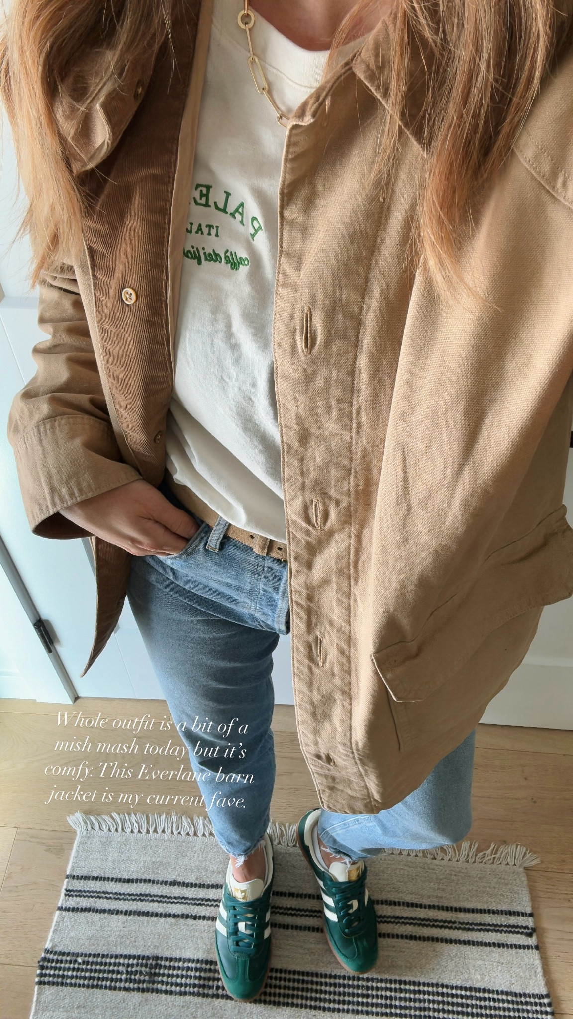 Everlane barn jacket outfit for spring with green Samba sneakers and jeans. #springstyle #barnjacket 

#LTKSeasonal #LTKshoecrush #LTKmidsize
