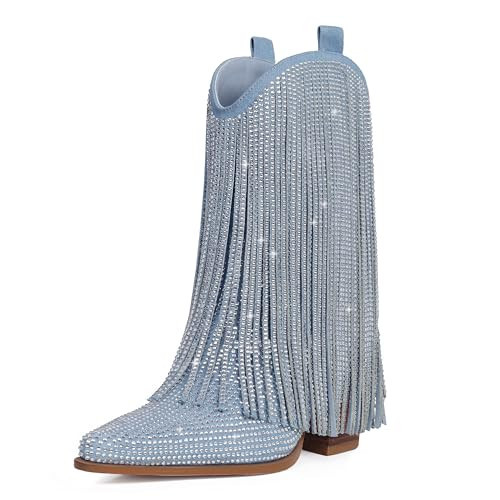 Ouepiano Cowboy Boots for Women - Cowgirl Rhinestone Boots with Sparkly Fringe Pointed Toe Western Ankle Boots & Booties Chunky Heel Pull-On Denim Boots US Size 9.5 | Amazon (US)