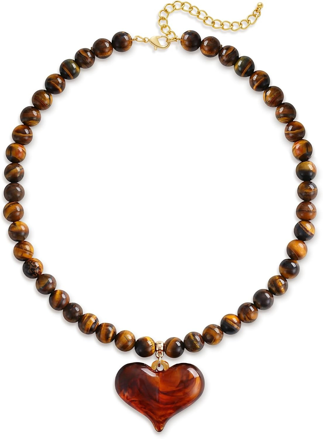 FILMOON Chunky Stone Beaded Necklace Amber Puffy Resin Heart Pendant Necklace for Women - Tiger Eye Vintage Boho Choker Adjustable Statement Jewelry Gift | Amazon (US)