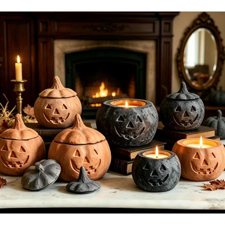 YATingW Terracotta Effect Pumpkin Lantern Candle, Halloween Resin Carved Pumpkin Candle with Stem Lid, Autumn Amber Scented Fragrance Farmhouse Tabletop Mantel Fall Holiday Decor | Walmart (US)